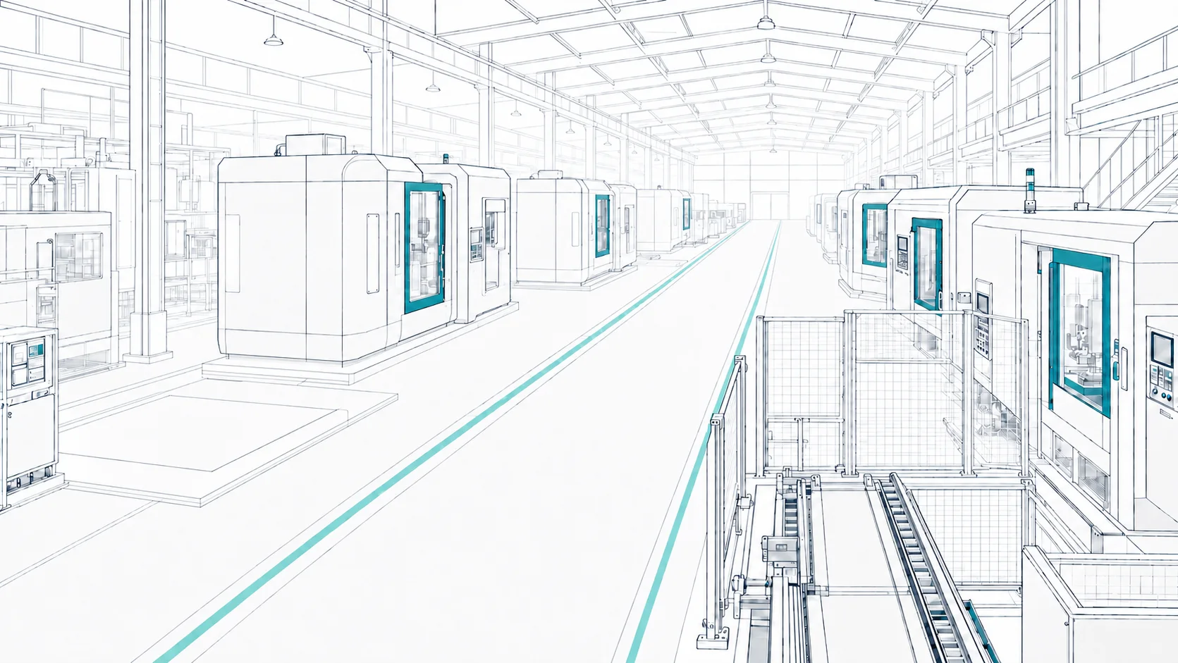 Automotive factory illustration, with machining cells, eAxle assemblies and a central transport aisle.